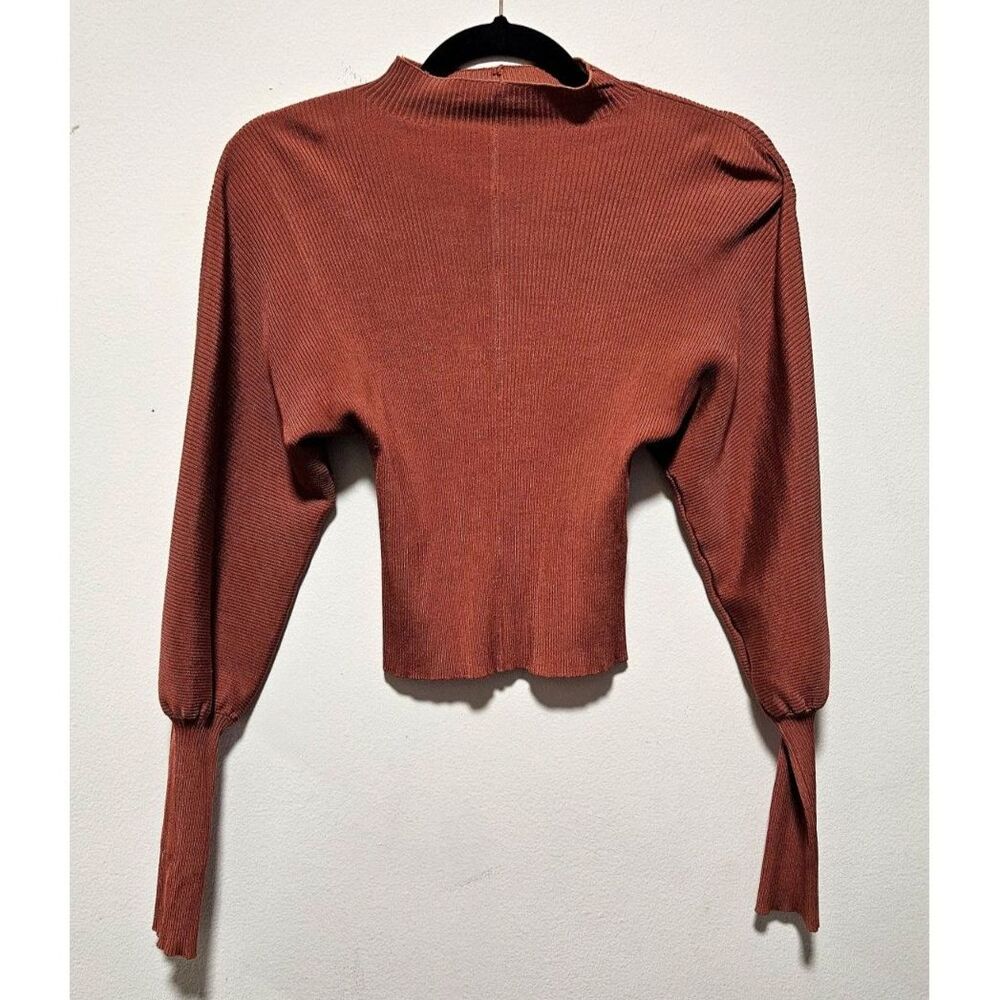 Zara Rust Ribbed Mock Neck Puff Sleeve Crop Top M